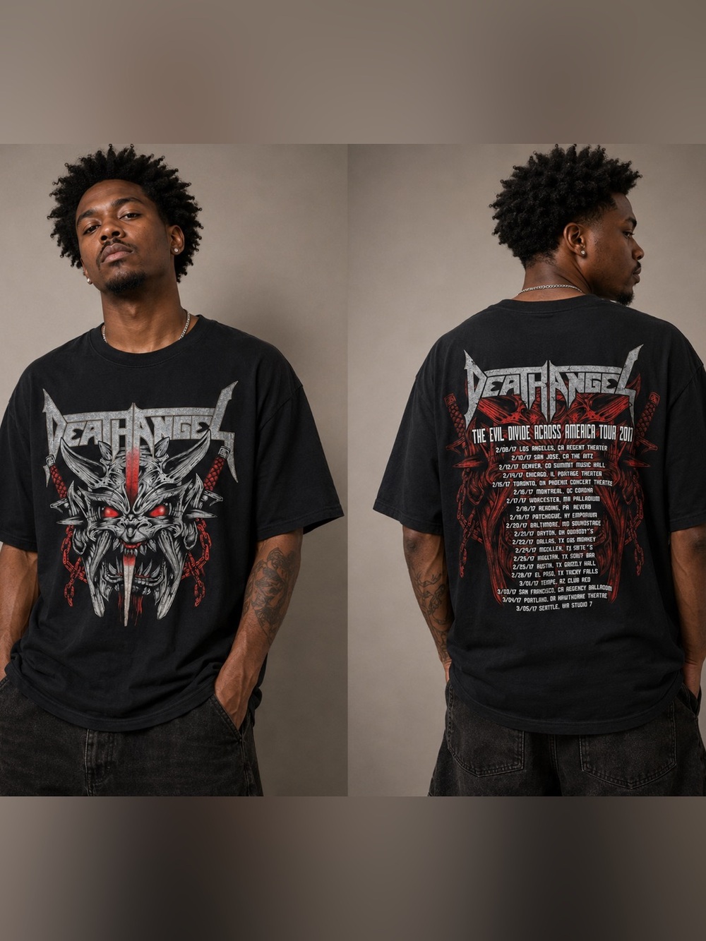 Men's Black Short-Sleeve Graphic Tee with Demon Face Artwork